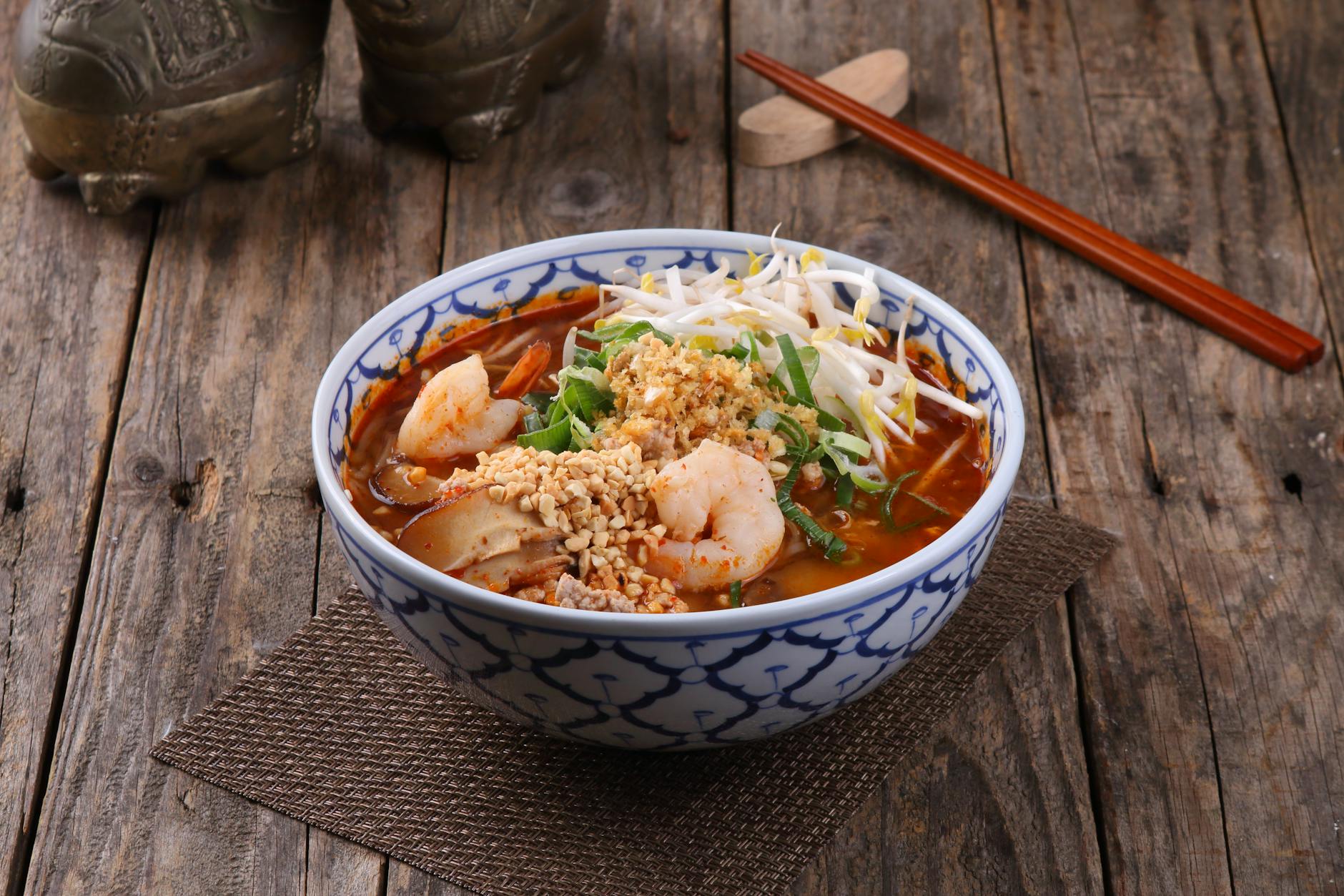 A bowl of rich spicy noodle soup similar to the famous Sarawak Laksa served in Kuching