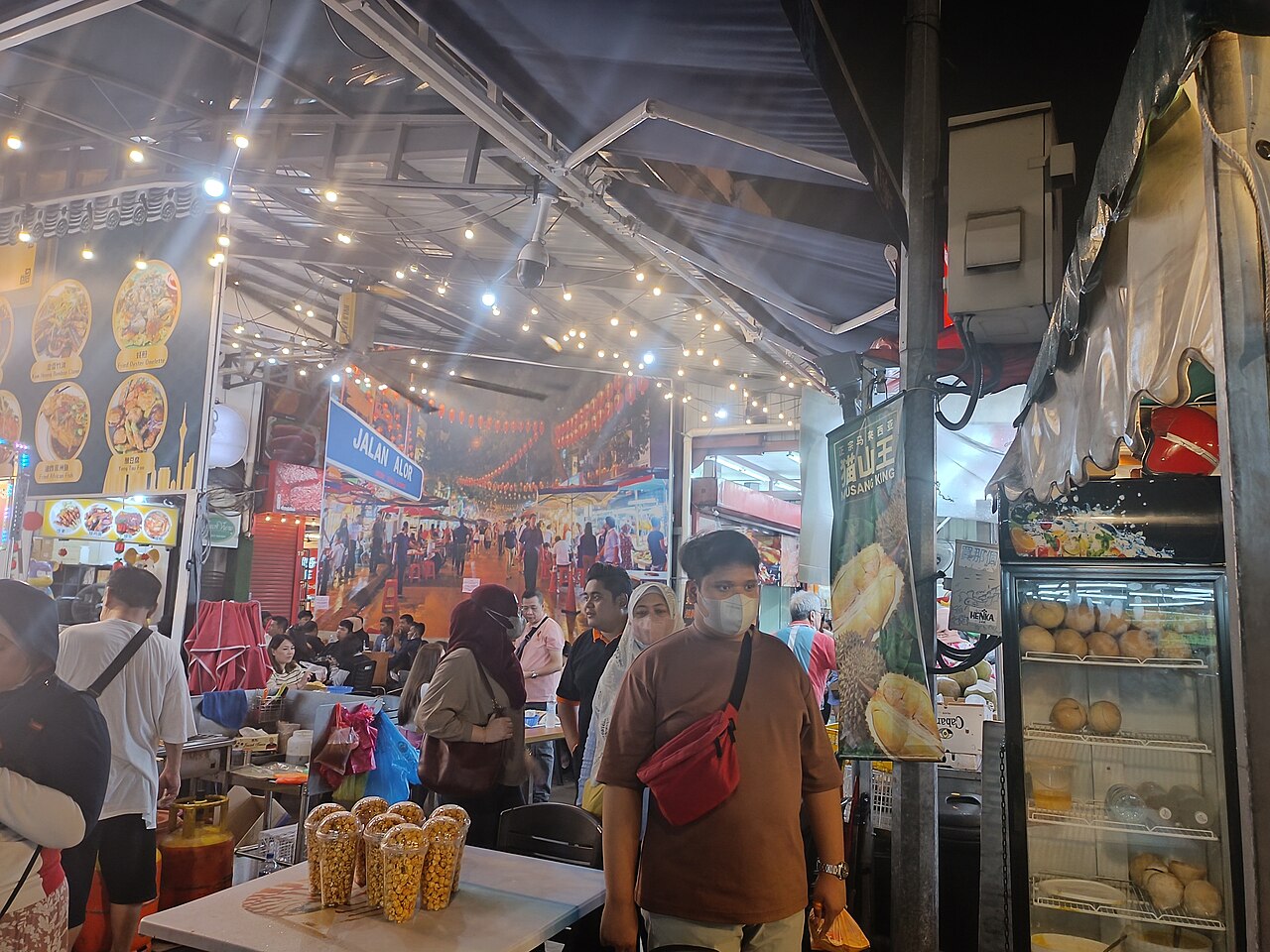 Food stalls and durian sellers on Jalan Alor, Kuala Lumpur, at night