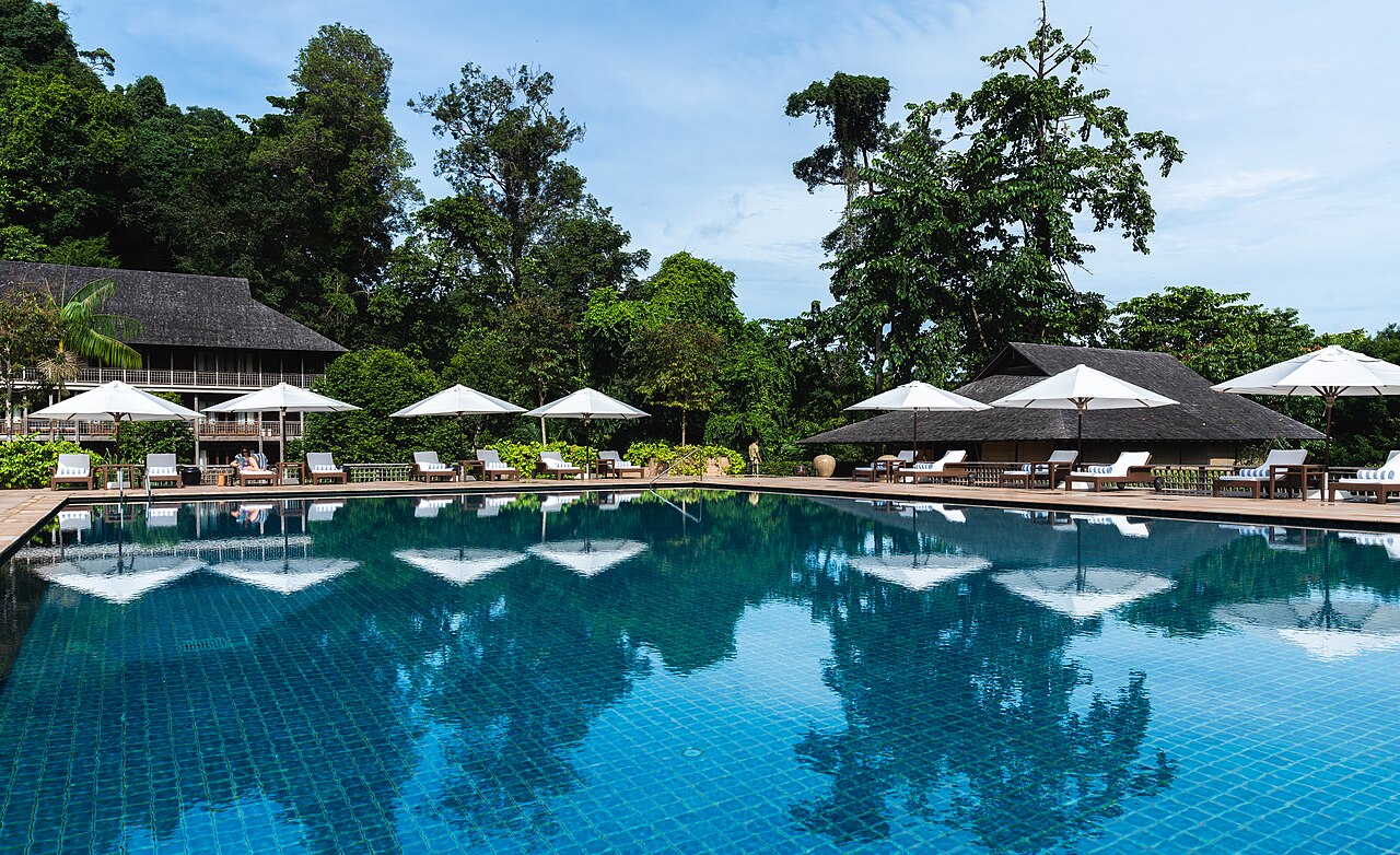 The infinity pool at The Datai Langkawi framed by rainforest canopy