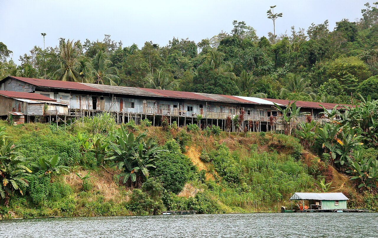 An Iban longhouse on stilts above the riverbank in Sarawak, seen from the water