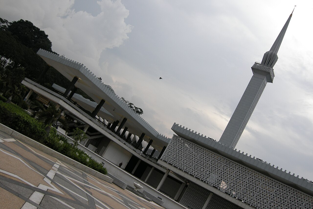 The folded-concrete roof and minaret of Masjid Negara, Malaysia's national mosque, in Kuala Lumpur