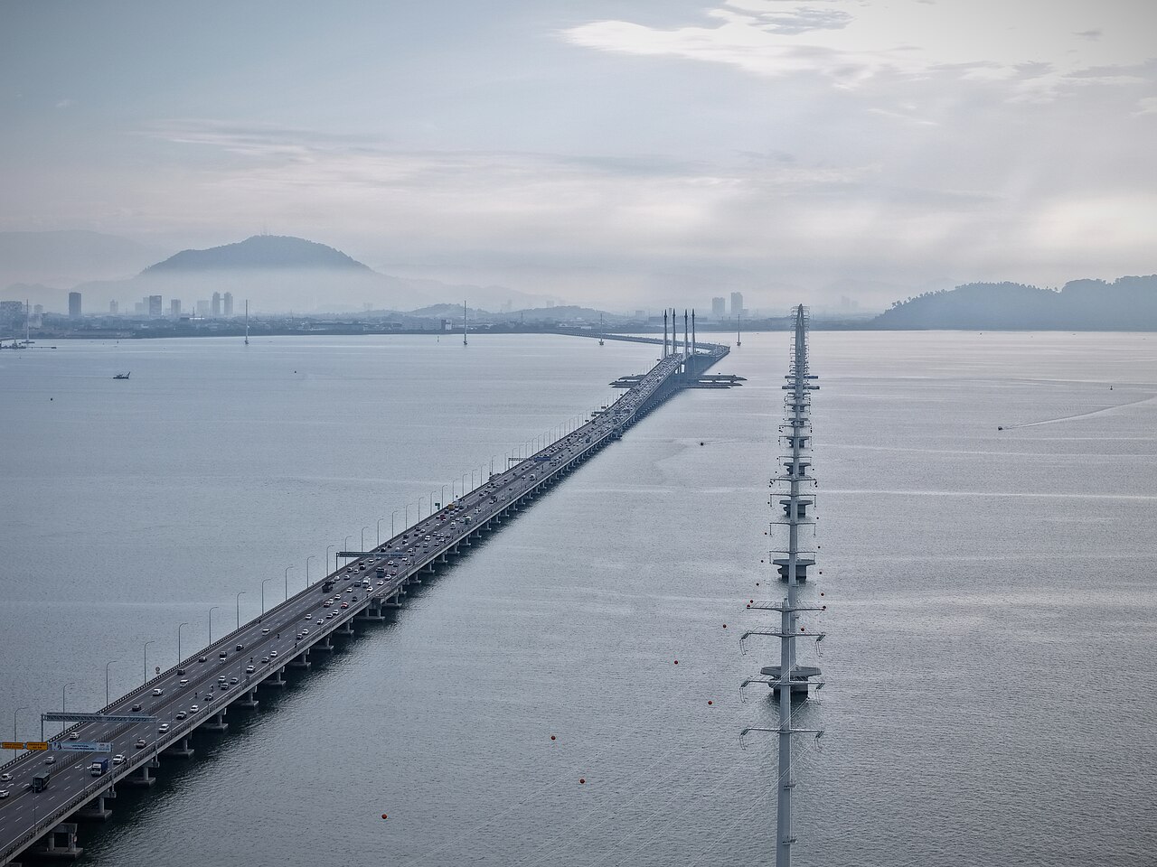 The Penang Bridge carrying traffic across the channel to Penang island