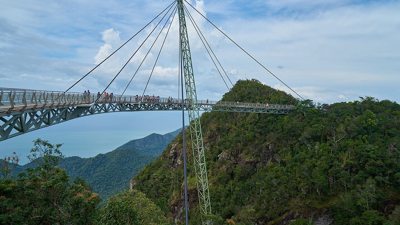 Langkawi Sky Bridge curving over rainforest and the Andaman Sea