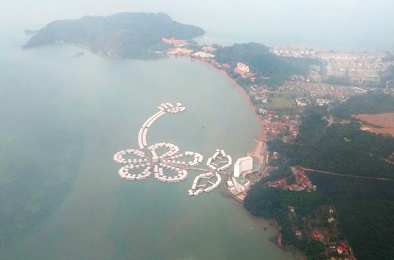 Overwater bungalows arranged in a flower pattern at Lexis Hibiscus resort, Port Dickson