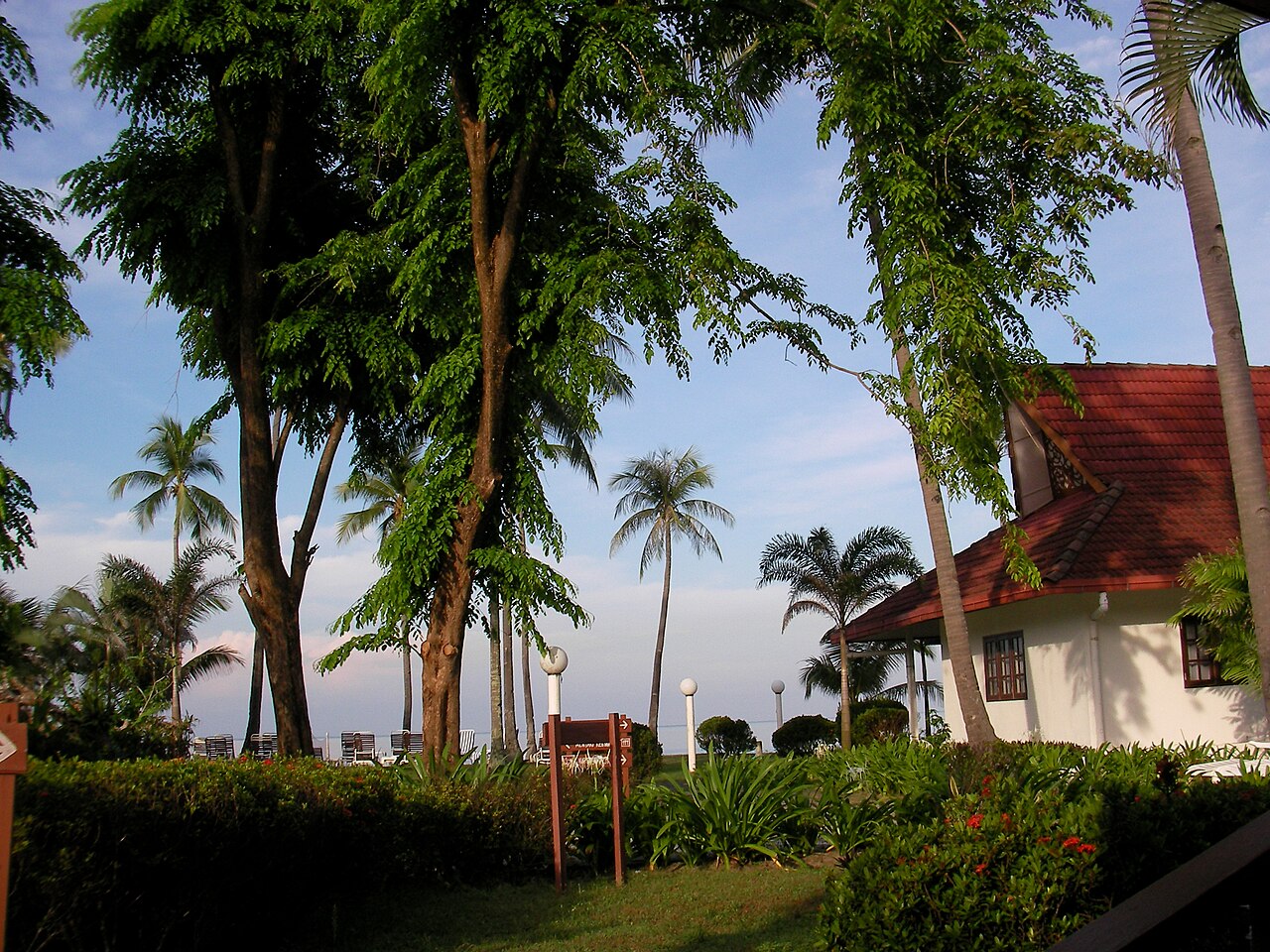 The view from a resort room over palms towards the sea in Langkawi