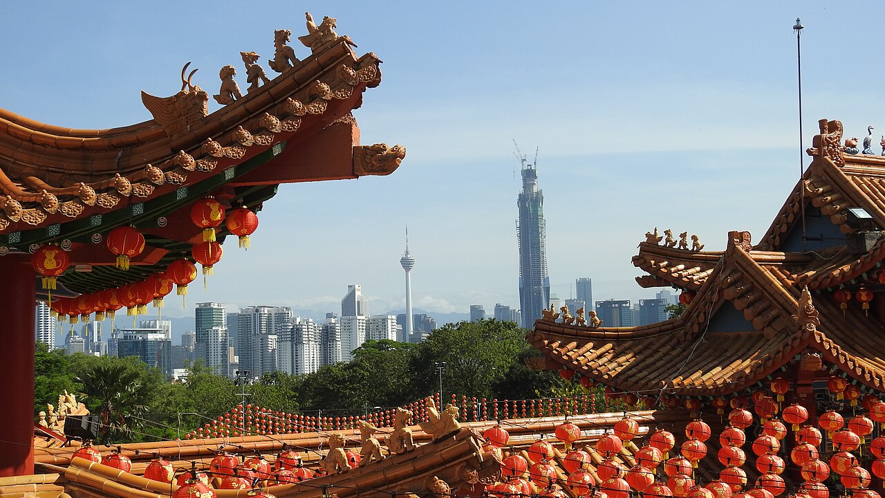 The tiered roofs and red lanterns of Thean Hou Temple in Kuala Lumpur